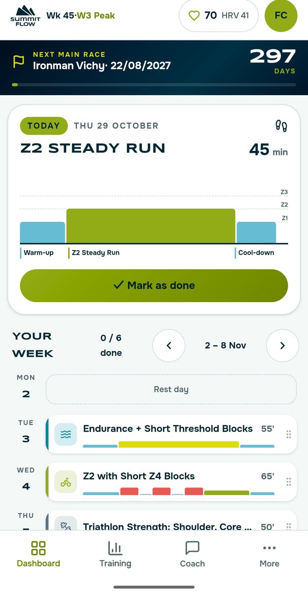 Dashboard: today's session with its intensity profile and a countdown to your main race
